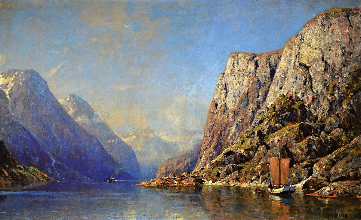 Henry Enfield, 1849 London-1911/23, große Fjordlandschaft, verso bez. "Naeroyfjord" (Norwegen), links unten signiert, Öl/Lwd, Mitte unten ...