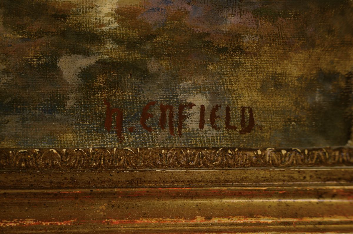 Detail a: Henry Enfield, 1849 London-1911/23, große Fjordlandschaft, verso bez. "Naeroyfjord" (Norwegen), links unten signiert, Öl/Lwd, Mitte unten ...