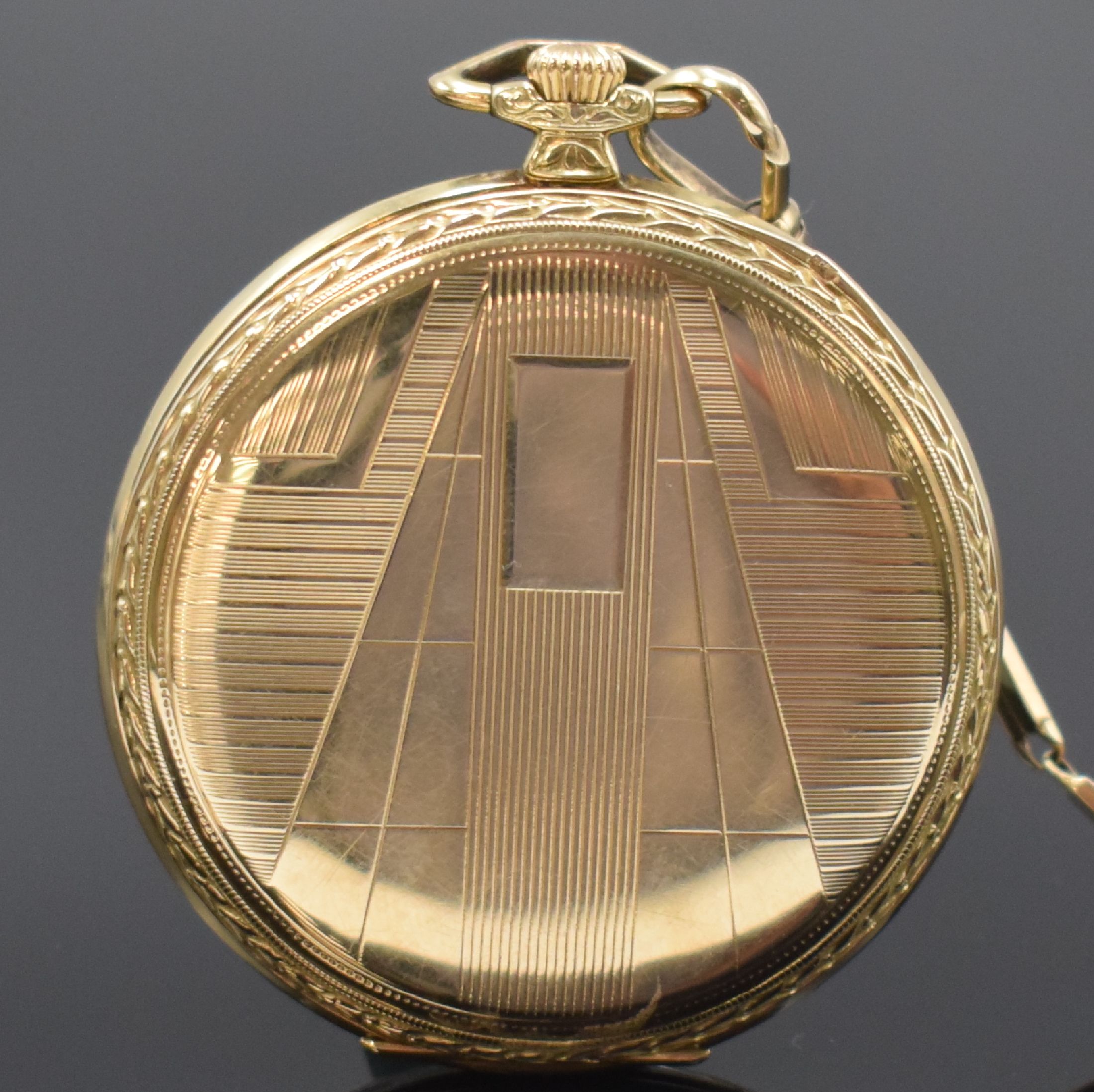 Detail b: ASTER offene Taschenuhr in GG 585/000 mit Kette in RoseG 585/000, Schweiz um 1925, grav. Gehäuse, Metallcuvette, Metallzifferbl. m. aufges. ...