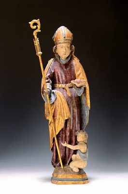 Heiligenfigur, Nikolaus von Myra, wohl um 1900, Holz geschnitzt, Bibel mit, drei Äpfeln in einer Hand sowie, Bischofsstab in der anderen Hand, ...