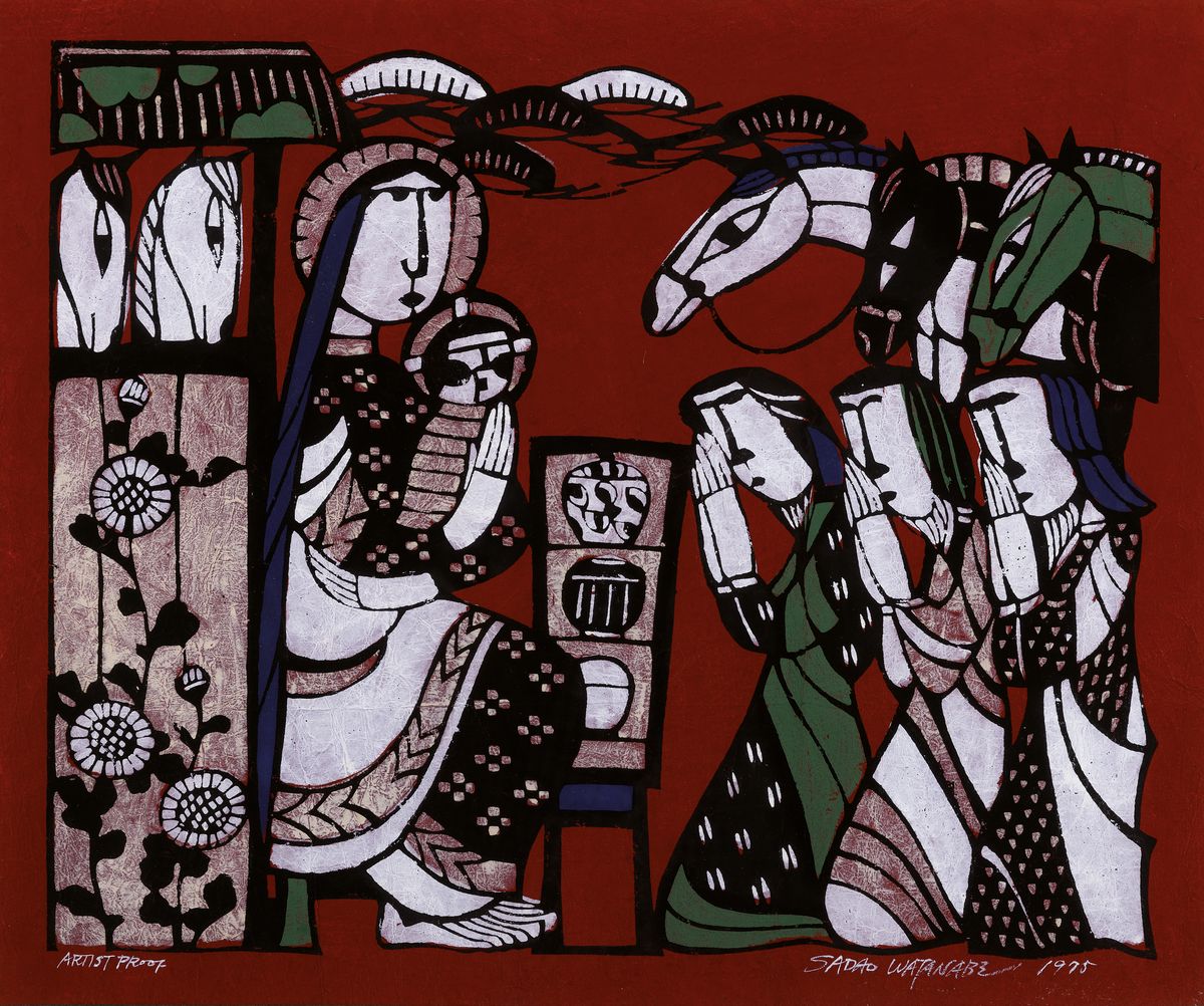 Sadao Watanabe, 1913-1996, Pochoir (Schablonendruck), Anbetung der Hl. drei Könige, 1995, Künstlerabzug, signiert und datiert, unter PP und Glas ...