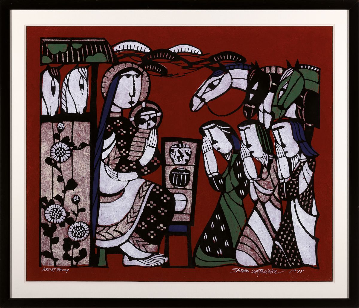 Detail k: Sadao Watanabe, 1913-1996, Pochoir (Schablonendruck), Anbetung der Hl. drei Könige, 1995, Künstlerabzug, signiert und datiert, unter PP und Glas ...