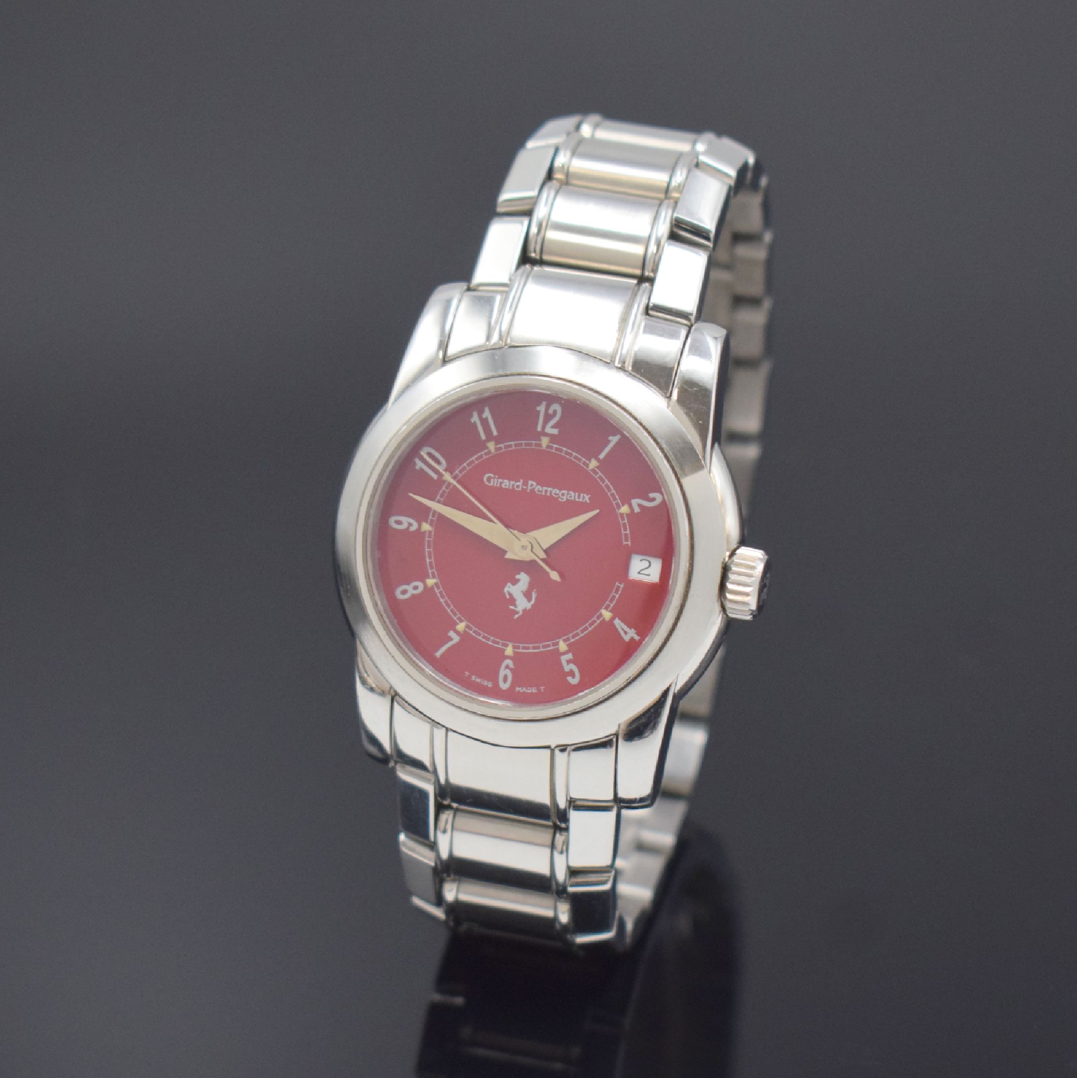 GIRARD PERREGAUX für FERRARI Armbanduhr in Stahl/Stahlband Referenz 8025, Schweiz um 2000, Automatik, 6-fach verschr. Geh., rotes Zifferbl. m. ...