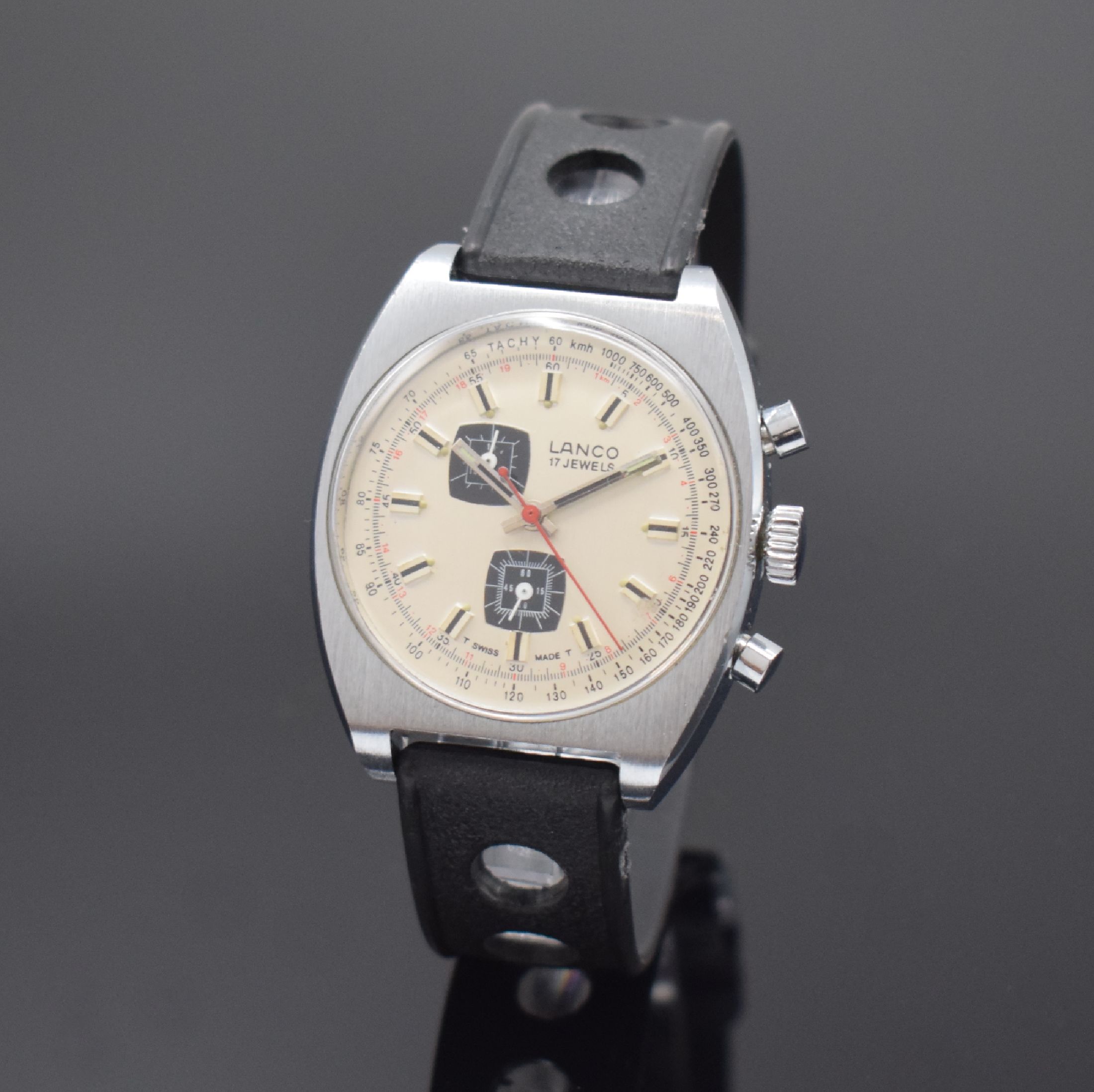LANCO Armbandchronograph, Schweiz um 1970, Handaufzug, verchromtes Geh. m. verschr. Stahlboden, silb. Zifferbl., schwarze Hilfsblätter, ...