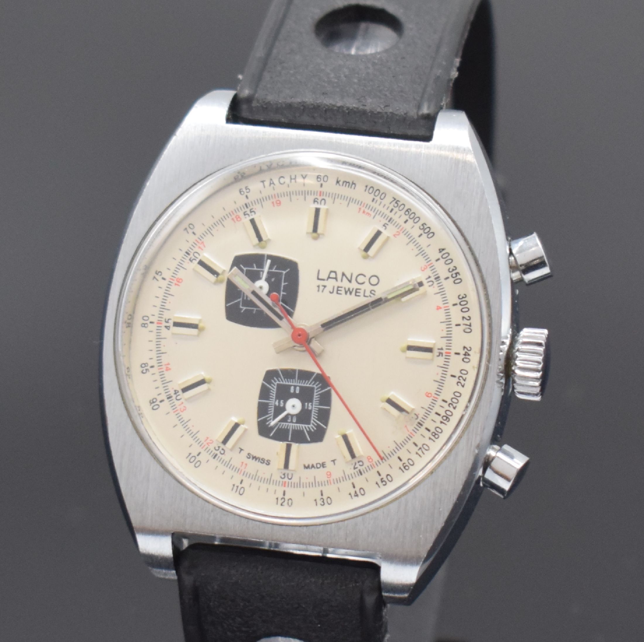 Detail a: LANCO Armbandchronograph, Schweiz um 1970, Handaufzug, verchromtes Geh. m. verschr. Stahlboden, silb. Zifferbl., schwarze Hilfsblätter, ...
