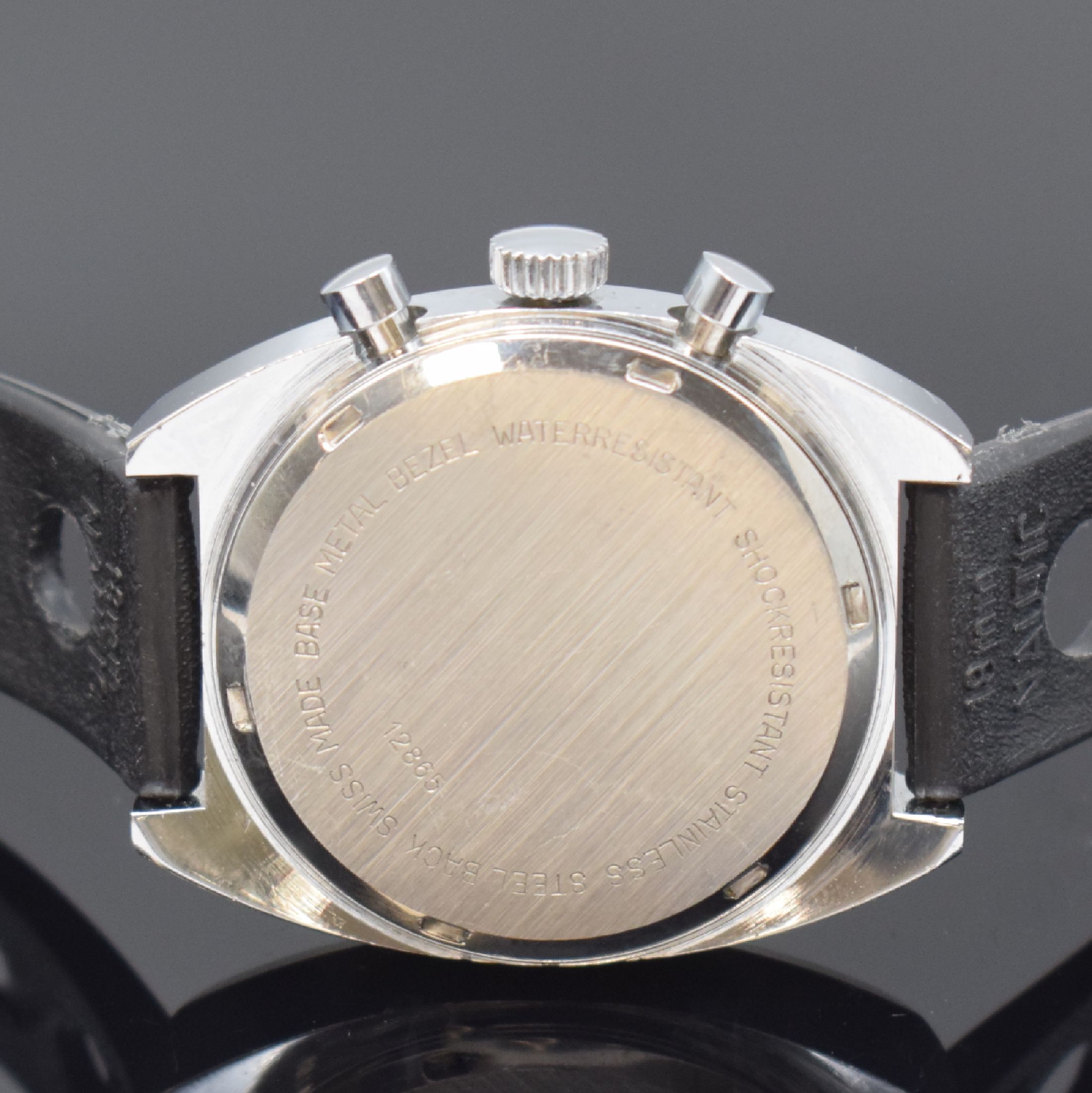 Detail c: LANCO Armbandchronograph, Schweiz um 1970, Handaufzug, verchromtes Geh. m. verschr. Stahlboden, silb. Zifferbl., schwarze Hilfsblätter, ...