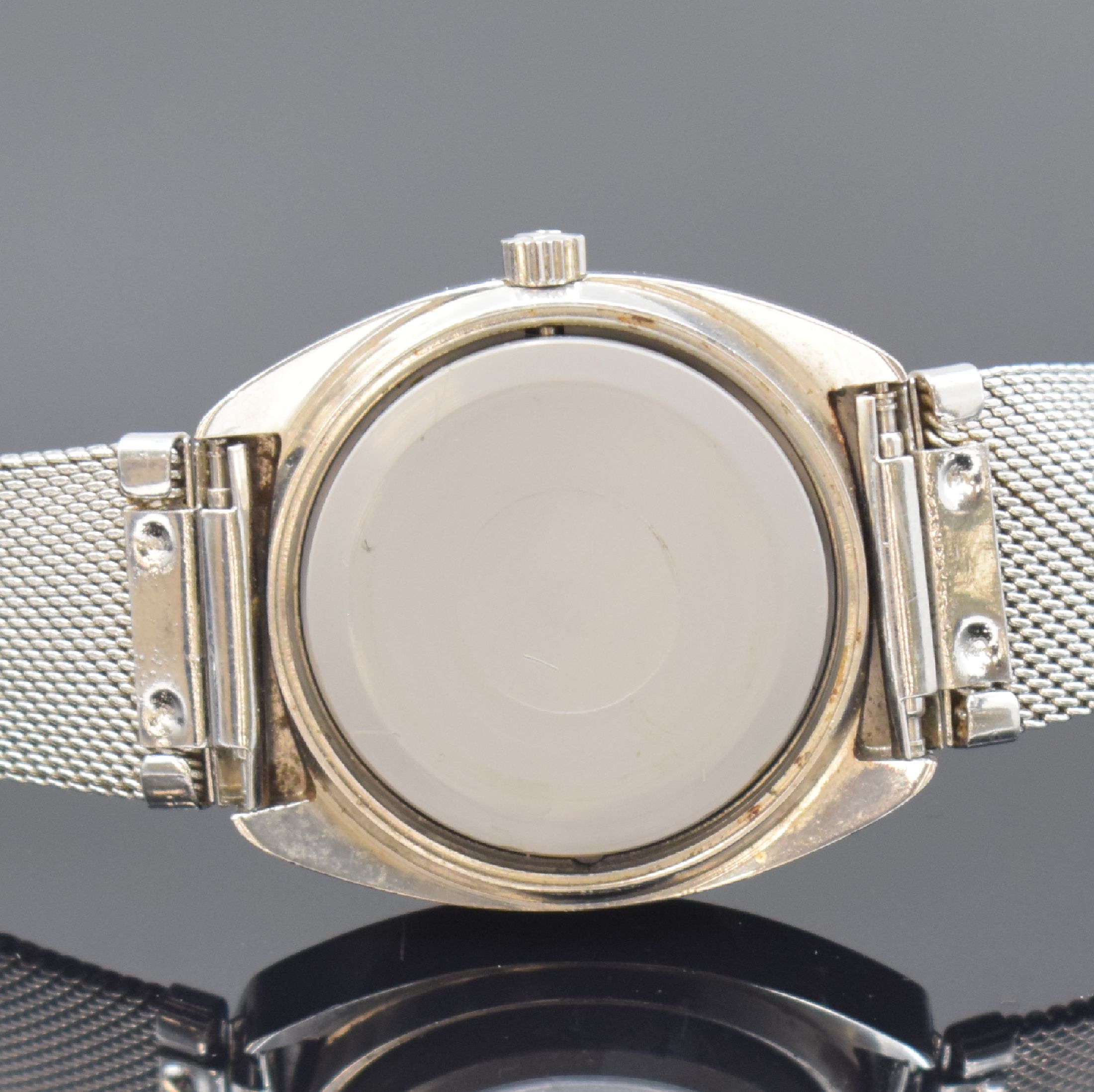 Detail d: ROAMER Mustang Rotodate Armbanduhr in Stahl, Schweiz um 1970, Automatik, verschr. Geh., orig. Krone, graues Zifferbl., silb. Indizes u. Zeiger, Datum ...