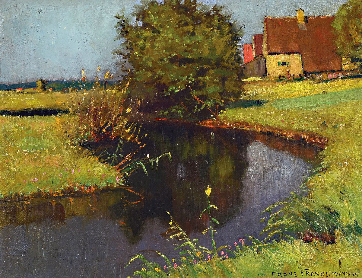 Franz Frankl, 1881 Affecking-1940 München, Landschaft mit Bachlauf und Gehöft, Öl/Lwd, rechts unten signiert und bez. München, rest. , ca. ...