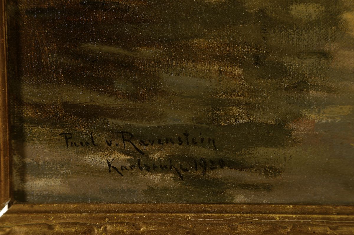Detail a: Paul von Ravenstein, 1854 Breslau-1938 Karlsruhe, Motiv aus Neudingen, so rückseitig auf altem Etikett betitelt, Öl/Lwd, links unten signiert und ...