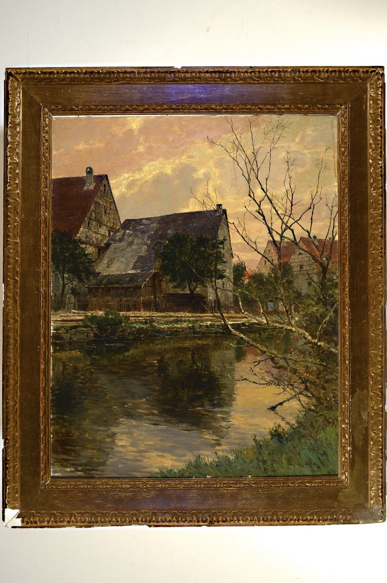Detail k: Paul von Ravenstein, 1854 Breslau-1938 Karlsruhe, Motiv aus Neudingen, so rückseitig auf altem Etikett betitelt, Öl/Lwd, links unten signiert und ...