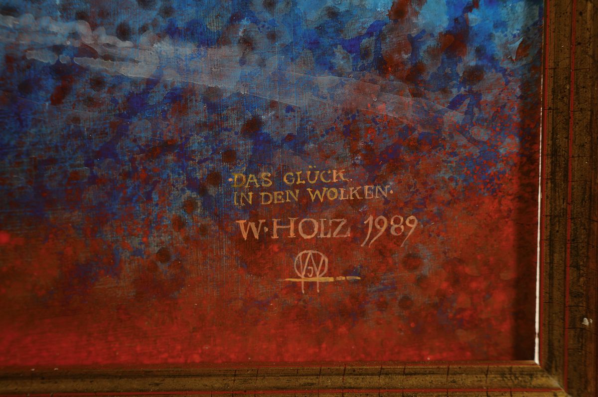 Detail a: Werner Holz, 1948 Grünstadt-1991 Ludwigshafen, "Das Glück in den Wolken", 1989, Öl/Masonit, signiert und betitelt, Komposition des ...