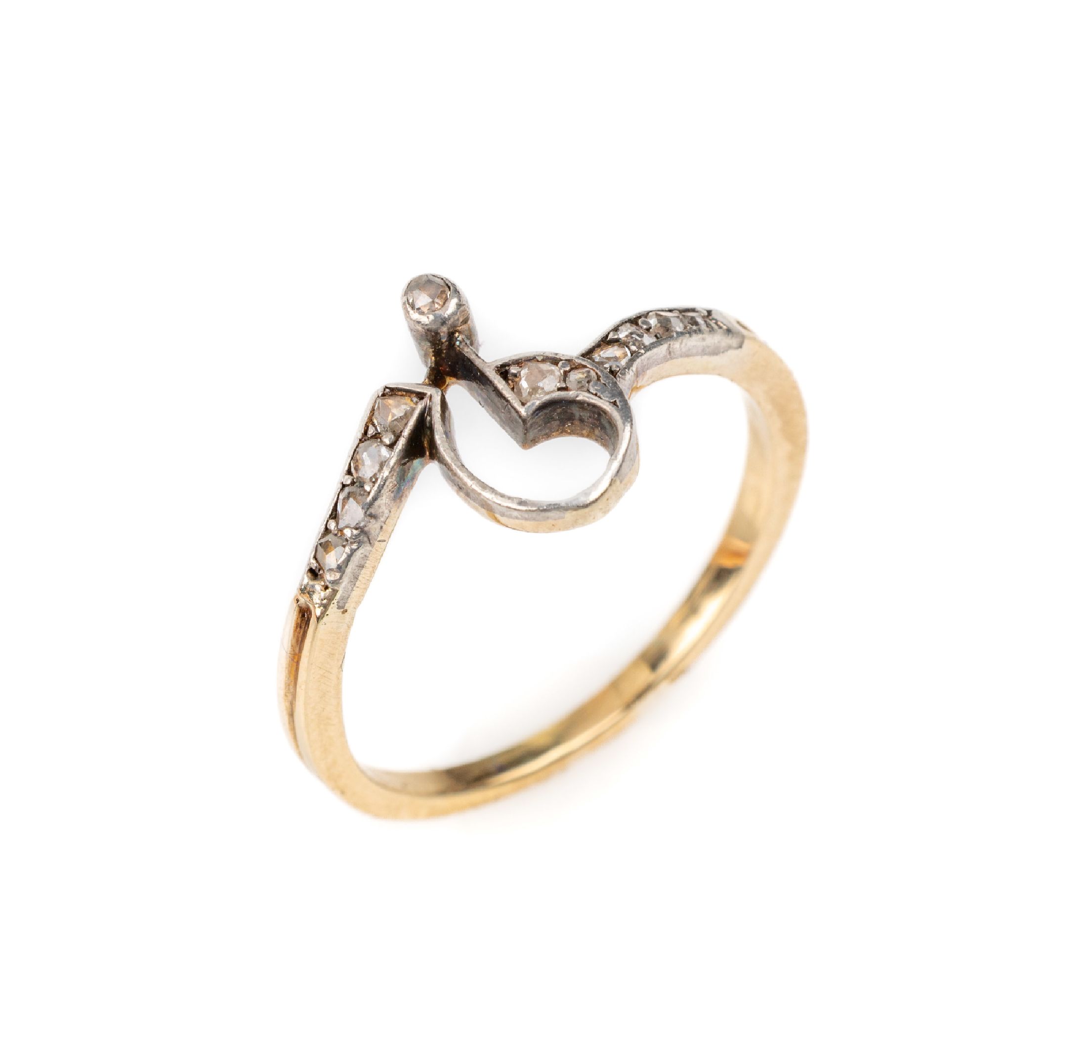 14 kt Gold Jugendstil Diamant-Ring, GG 585/000 gepr., um 1900, Ringkopf Silber, geschwungen mit kl. Diamantrosen, RW 53