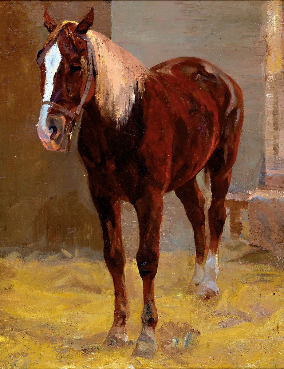 Wilhelm Kalb, 1870 München-1938 Rottach-Egern, Pferd im Stall, verso Kühe auf der Weide inGrisaille, auf altem Etikett bez. ...