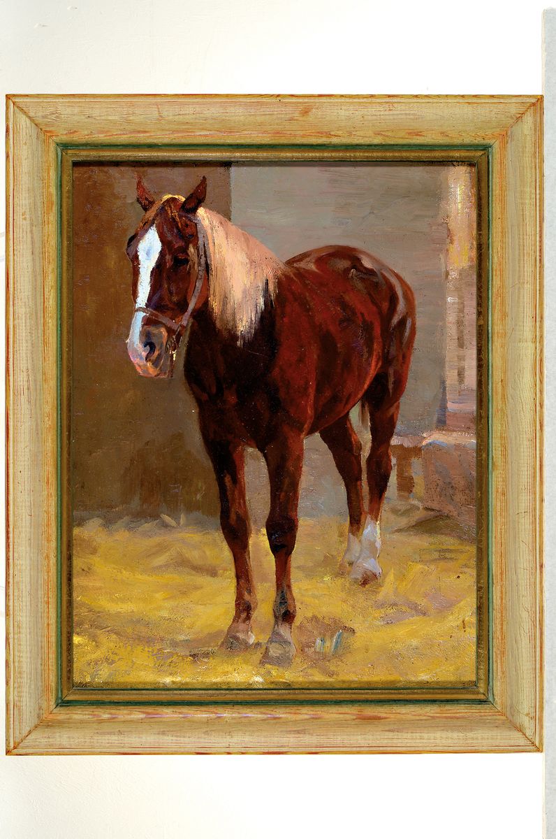 Detail k: Wilhelm Kalb, 1870 München-1938 Rottach-Egern, Pferd im Stall, verso Kühe auf der Weide inGrisaille, auf altem Etikett bez. ...
