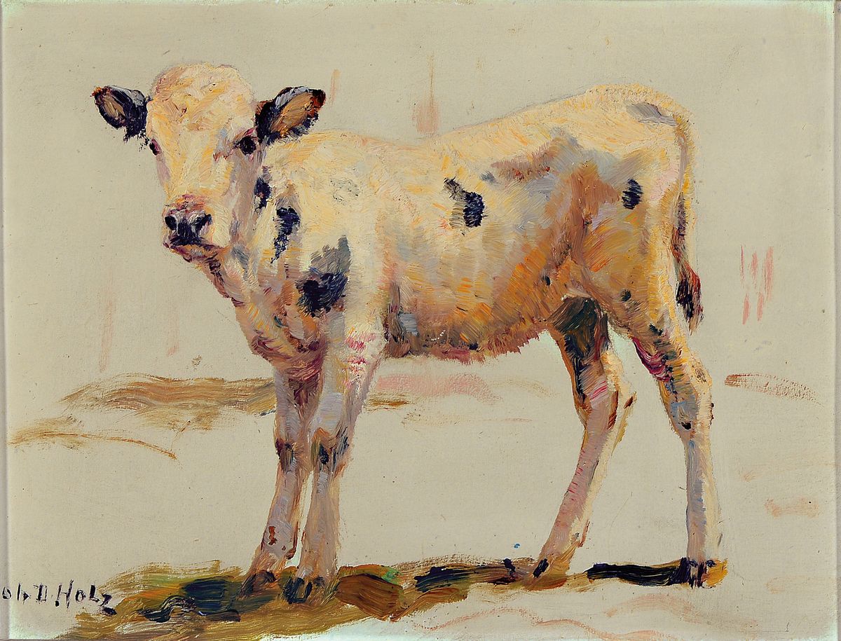 Johann Daniel Holz, 1867 Bremen-1945 Fürstenfeldbruck, Kälbchen, Öl/Malpappe, links unten signiert, 23x31 cm, Rahmen 37x43 cm; Studium an den ...