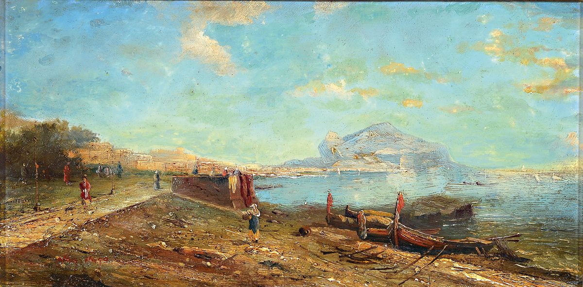 Nay Huga o.ä., um 1900, italienische Küstenlandschaft mit Figurenstaffage, links unten signiert, Öl/Holzplatte, 21x40 cm, Rahmen 33x53 cm