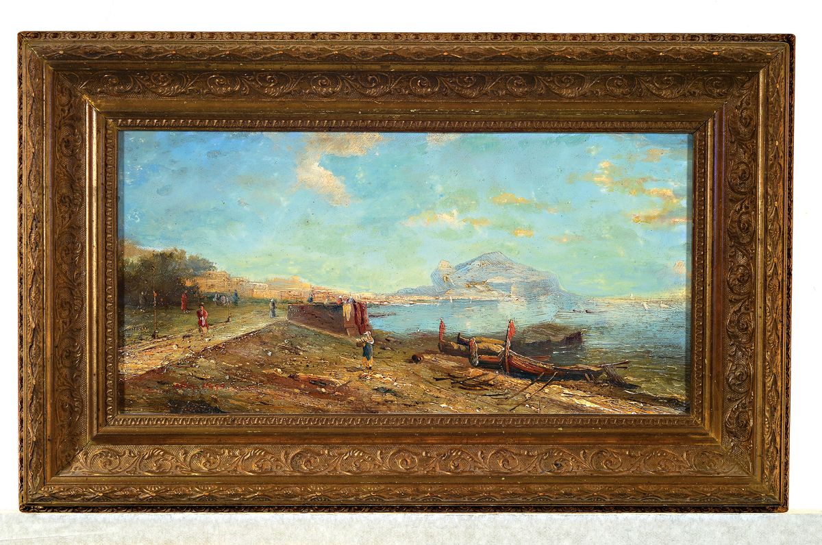 Detail k: Nay Huga o.ä., um 1900, italienische Küstenlandschaft mit Figurenstaffage, links unten signiert, Öl/Holzplatte, 21x40 cm, Rahmen 33x53 cm