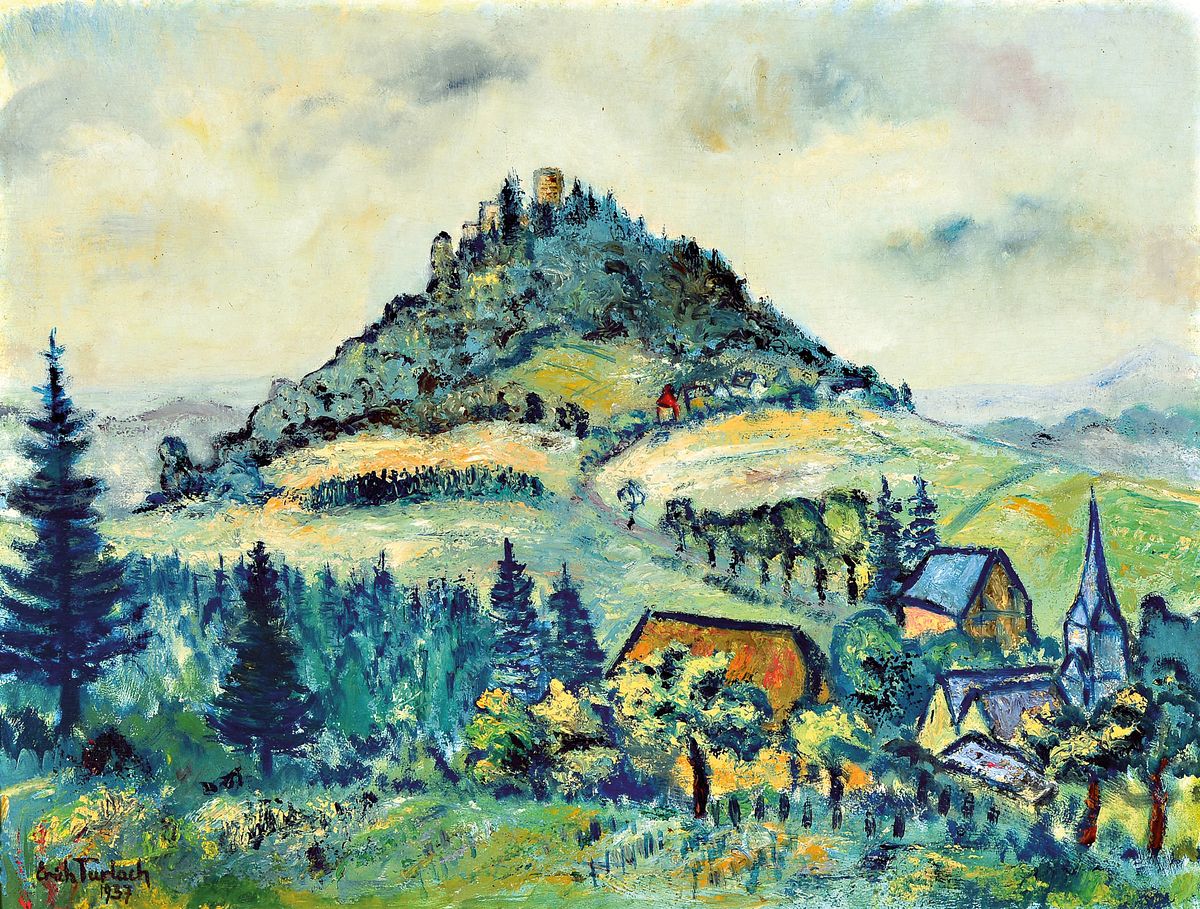 Ehrich Turlach, 1902-1996 Hamburg, Waldlandschaft mit Ruine, links unten signiert und datiert 1937, Öl/Holzplatte, 60x78 cm, Rahmen 80x97 cm; ...