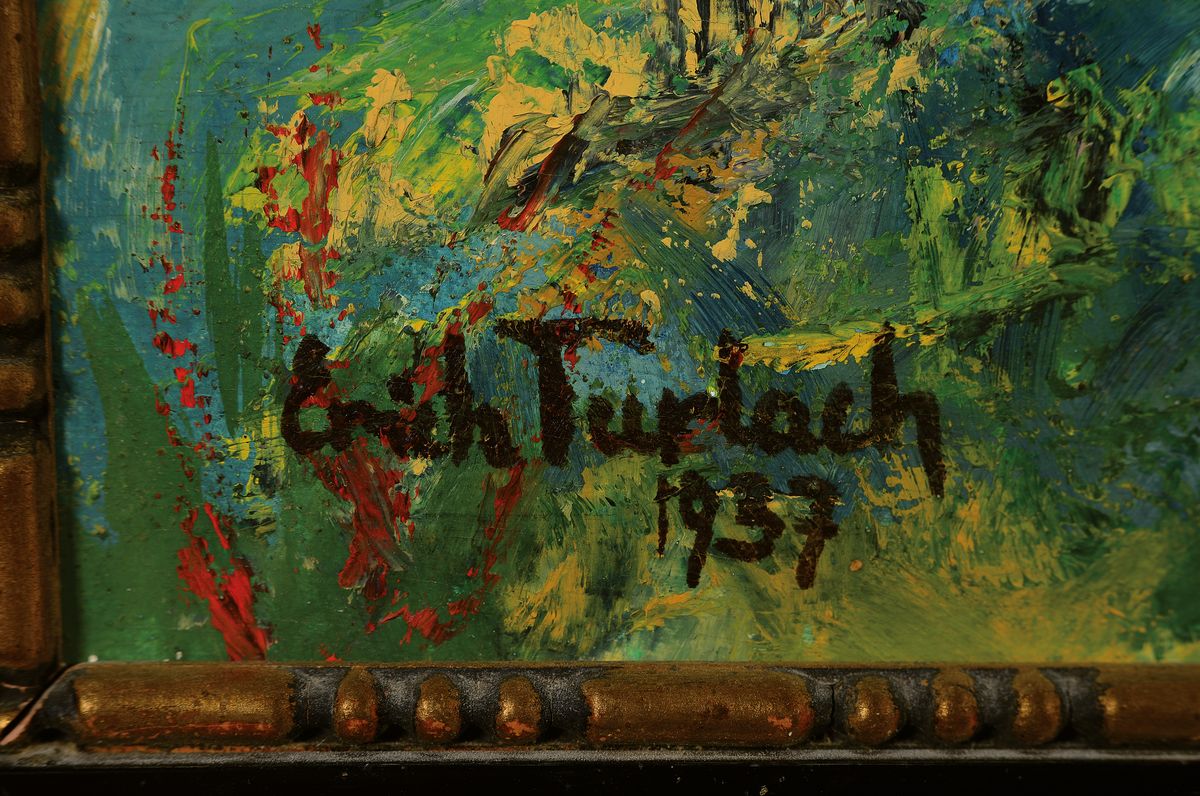 Detail a: Ehrich Turlach, 1902-1996 Hamburg, Waldlandschaft mit Ruine, links unten signiert und datiert 1937, Öl/Holzplatte, 60x78 cm, Rahmen 80x97 cm; ...