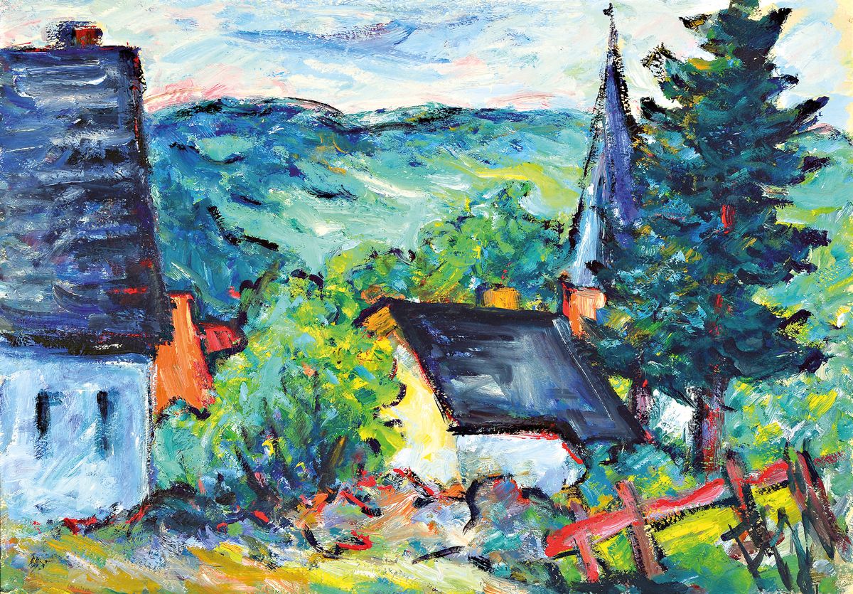 Fritz Börner, 1921 Brandis bei Leipzig-1985 Kaiserslautern, Blick über ein Dorf auf eine Waldlandschaft, Öl/Platte, rechts unten signiert, ...