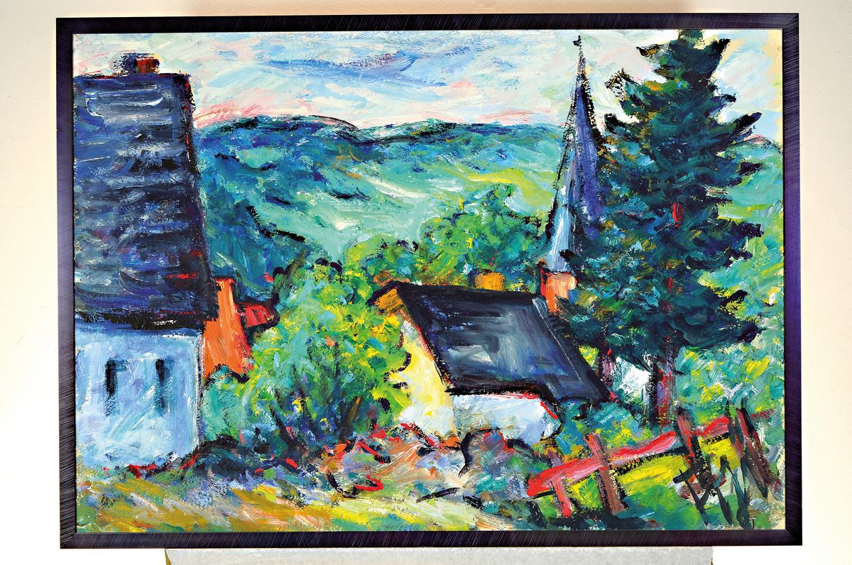 Detail k: Fritz Börner, 1921 Brandis bei Leipzig-1985 Kaiserslautern, Blick über ein Dorf auf eine Waldlandschaft, Öl/Platte, rechts unten signiert, ...