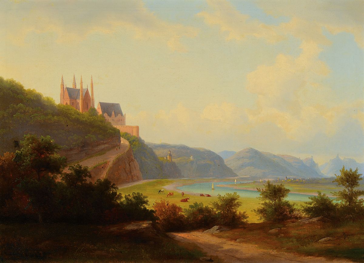 Unbekannter Romantiker, deutsch, Mitte 19. Jh., Landschaft mit Burgen über einem Flusstal, weidende Kühe in der Aue, Öl/Lwd, feine detaillierte ...