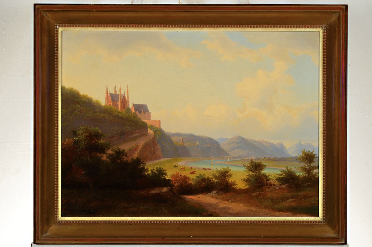 Detail k: Unbekannter Romantiker, deutsch, Mitte 19. Jh., Landschaft mit Burgen über einem Flusstal, weidende Kühe in der Aue, Öl/Lwd, feine detaillierte ...