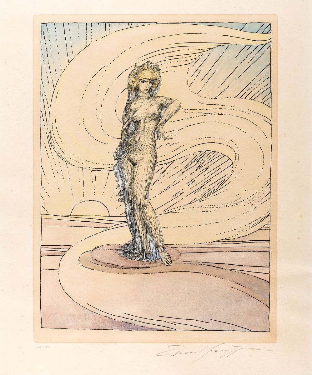 Ernst Fuchs, 1930-2015, Ignis, um 1980, Radierung, aquarelliert, handsigniert, Ed. 13/99, unter Glas gerahmt, 62x52 cm