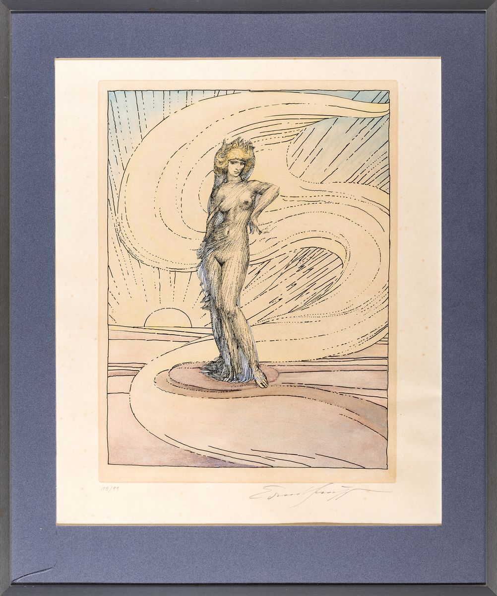 Detail k: Ernst Fuchs, 1930-2015, Ignis, um 1980, Radierung, aquarelliert, handsigniert, Ed. 13/99, unter Glas gerahmt, 62x52 cm