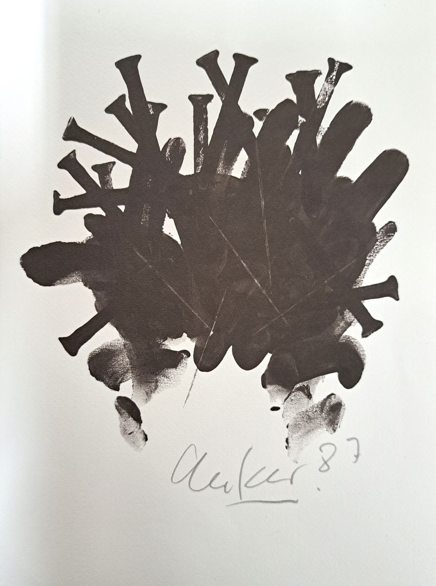 Günther Uecker, geb. 1930, Offset -Lithographie, "Nagelkreuzung", 1987, signiert, Blatt 20x18 cm