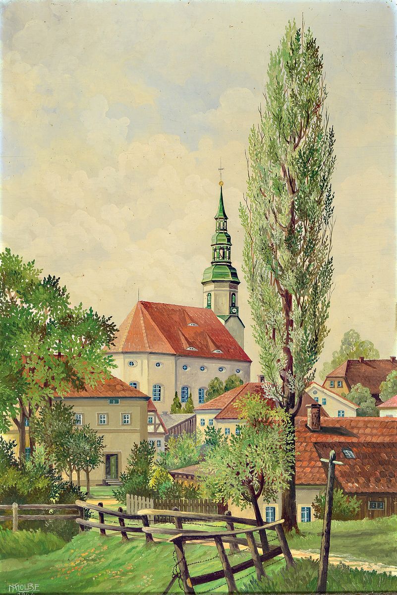 M. Kolbe, datiert 1944, Dorfansicht mit Kirche, signiert und datiert 1944, Öl/Holz, Rahmen 60x42 cm