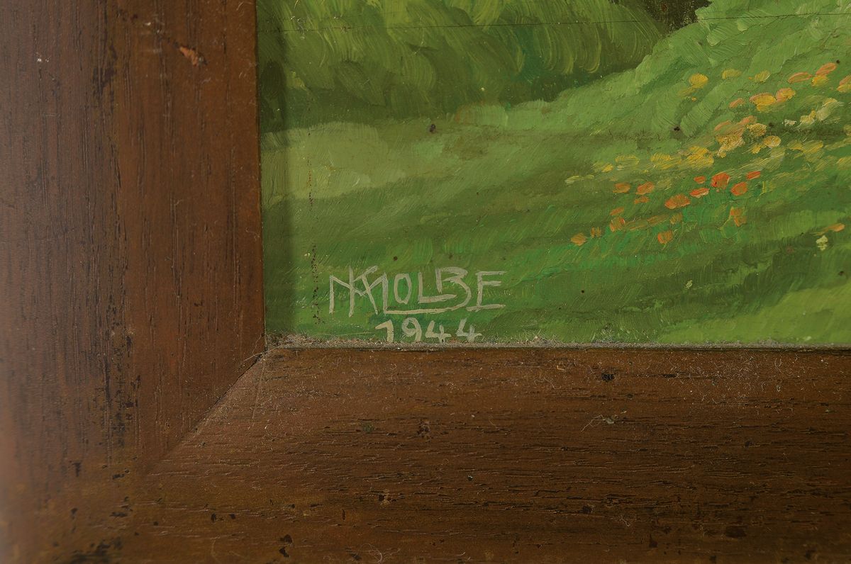 Detail a: M. Kolbe, datiert 1944, Dorfansicht mit Kirche, signiert und datiert 1944, Öl/Holz, Rahmen 60x42 cm