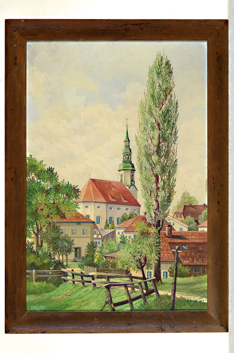 Detail k: M. Kolbe, datiert 1944, Dorfansicht mit Kirche, signiert und datiert 1944, Öl/Holz, Rahmen 60x42 cm