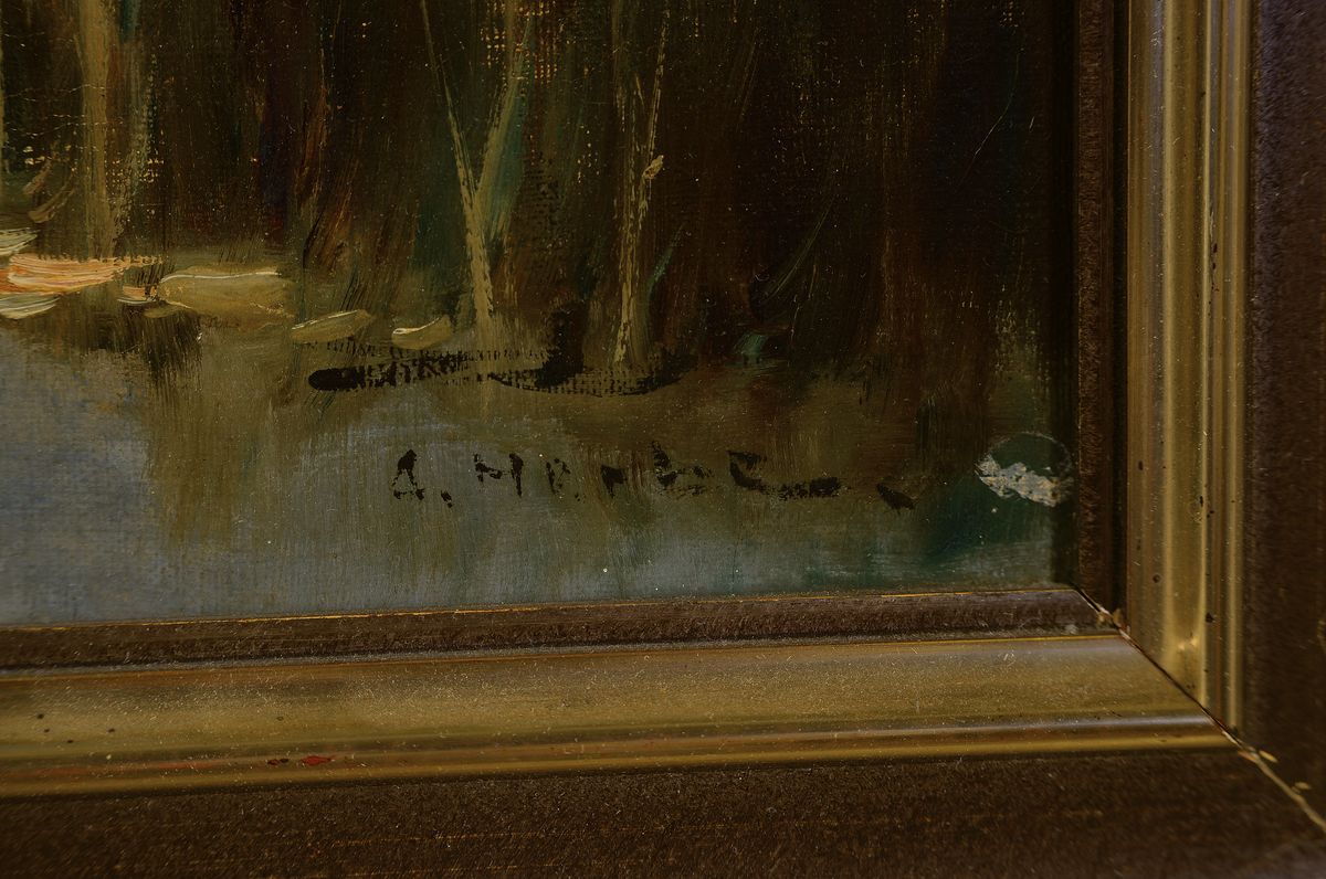 Detail a: Wohl Alfred Martin Maerkel, Künstler des frühen 20.Jh., atmosphärische Flusslandschaft, rechts unten signiert, Öl/Lwd, 60x80 cm, Rahmen 67x87 cm