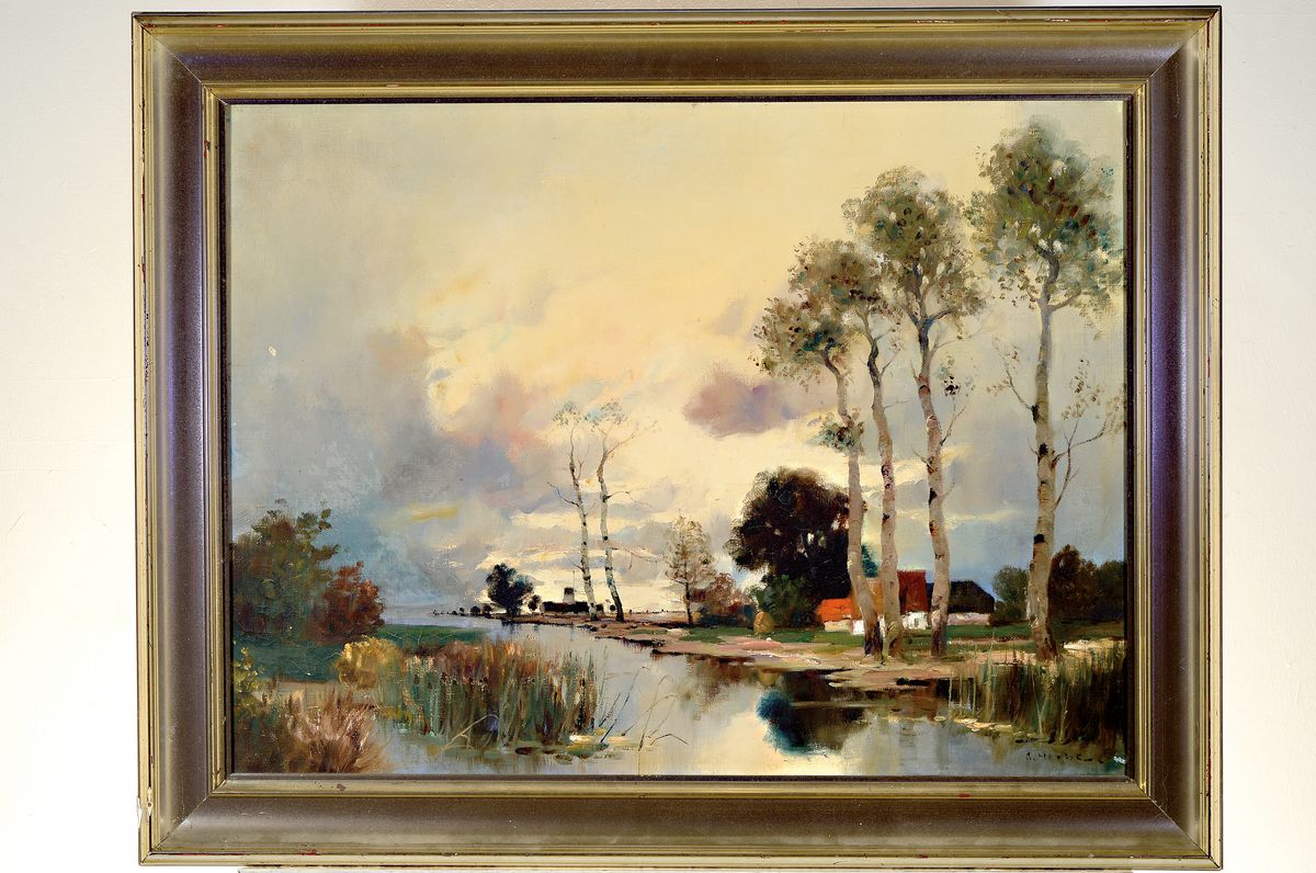Detail k: Wohl Alfred Martin Maerkel, Künstler des frühen 20.Jh., atmosphärische Flusslandschaft, rechts unten signiert, Öl/Lwd, 60x80 cm, Rahmen 67x87 cm