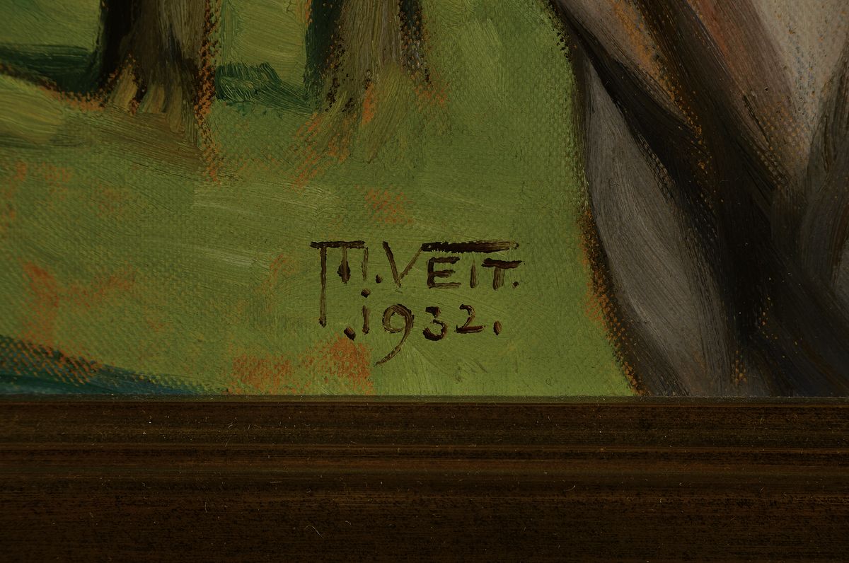 Detail a: T.H. Veit, datiert 1932,, Pferdebildnis, Kopf eines Schimmels, rechts unten signiert und datiert 1932, Öl/Malpappe, 38x37 cm, Rahmen 52x50 cm