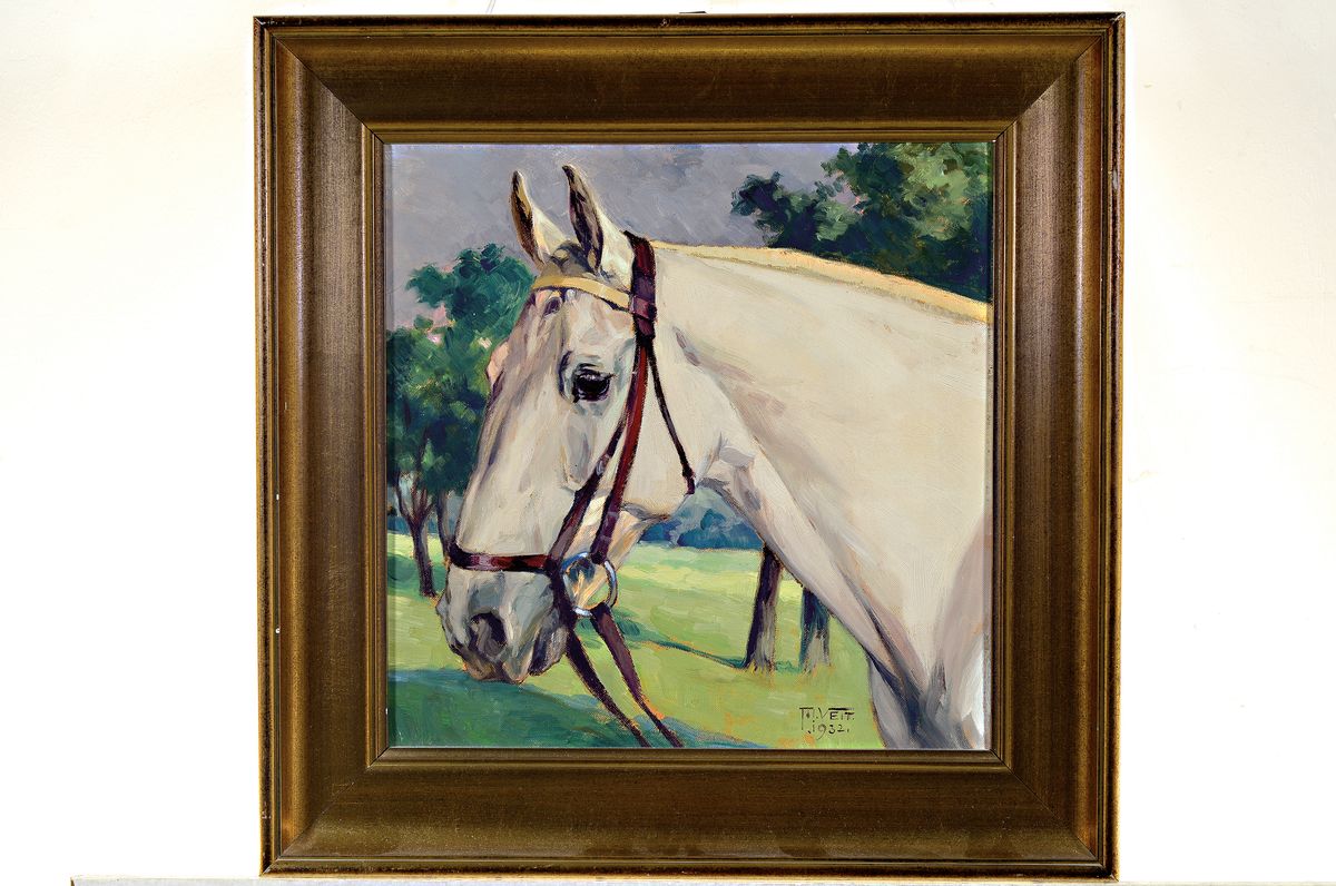 Detail k: T.H. Veit, datiert 1932,, Pferdebildnis, Kopf eines Schimmels, rechts unten signiert und datiert 1932, Öl/Malpappe, 38x37 cm, Rahmen 52x50 cm