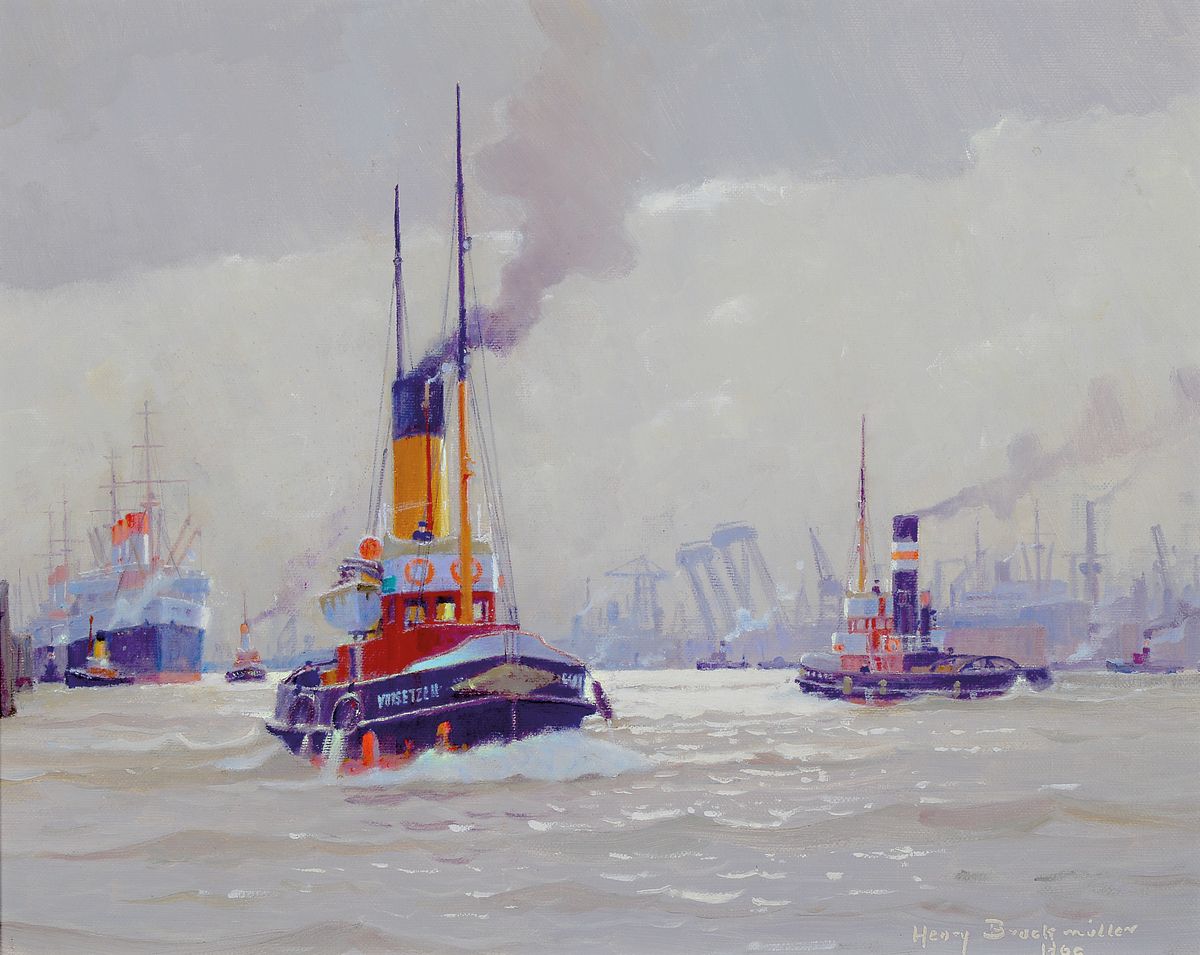 Henry Brockmüller, Hamburger Künstler des 20.Jh., "auf der Elbe bei Hamburg, im Hintergrund die Cap Arcona" so verso bez., datiert 1933, ...
