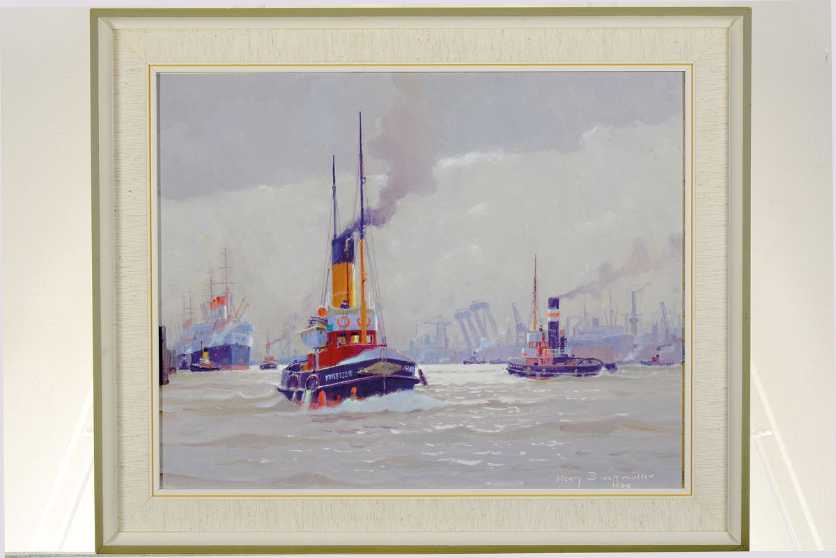 Detail k: Henry Brockmüller, Hamburger Künstler des 20.Jh., "auf der Elbe bei Hamburg, im Hintergrund die Cap Arcona" so verso bez., datiert 1933, ...