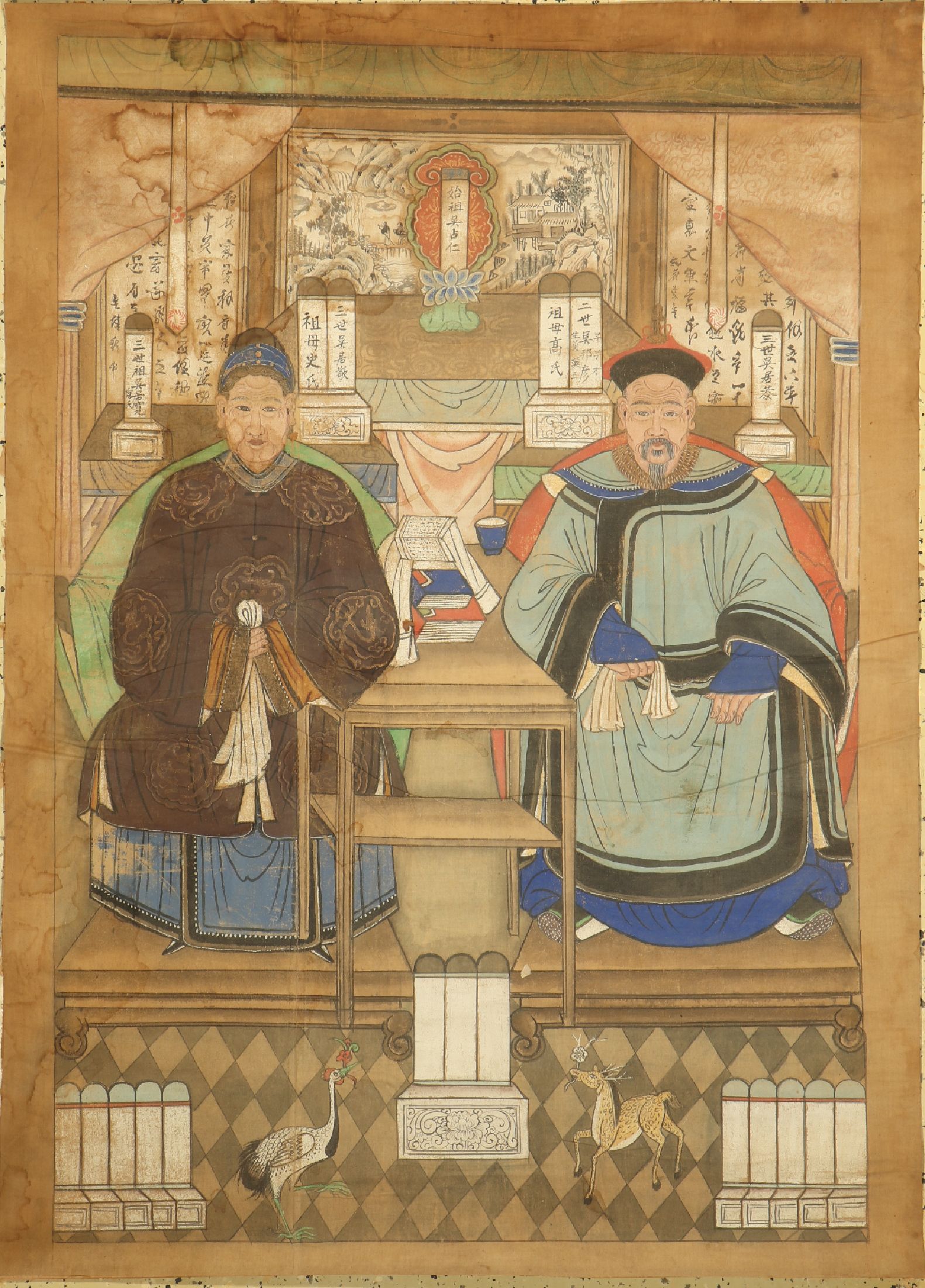 Antike Ahnenbild, China, 19.Jhd, Papiermal erei, ca. 133 x 96 cm, EHZ: 3,(Wasserflecken).