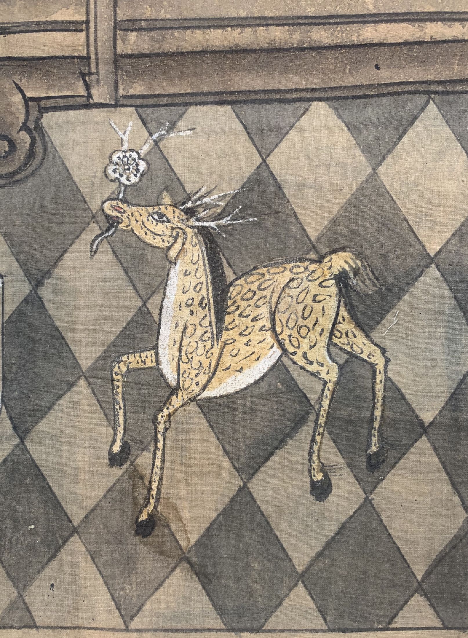 Detail c: Antike Ahnenbild, China, 19.Jhd, Papiermal erei, ca. 133 x 96 cm, EHZ: 3,(Wasserflecken).
