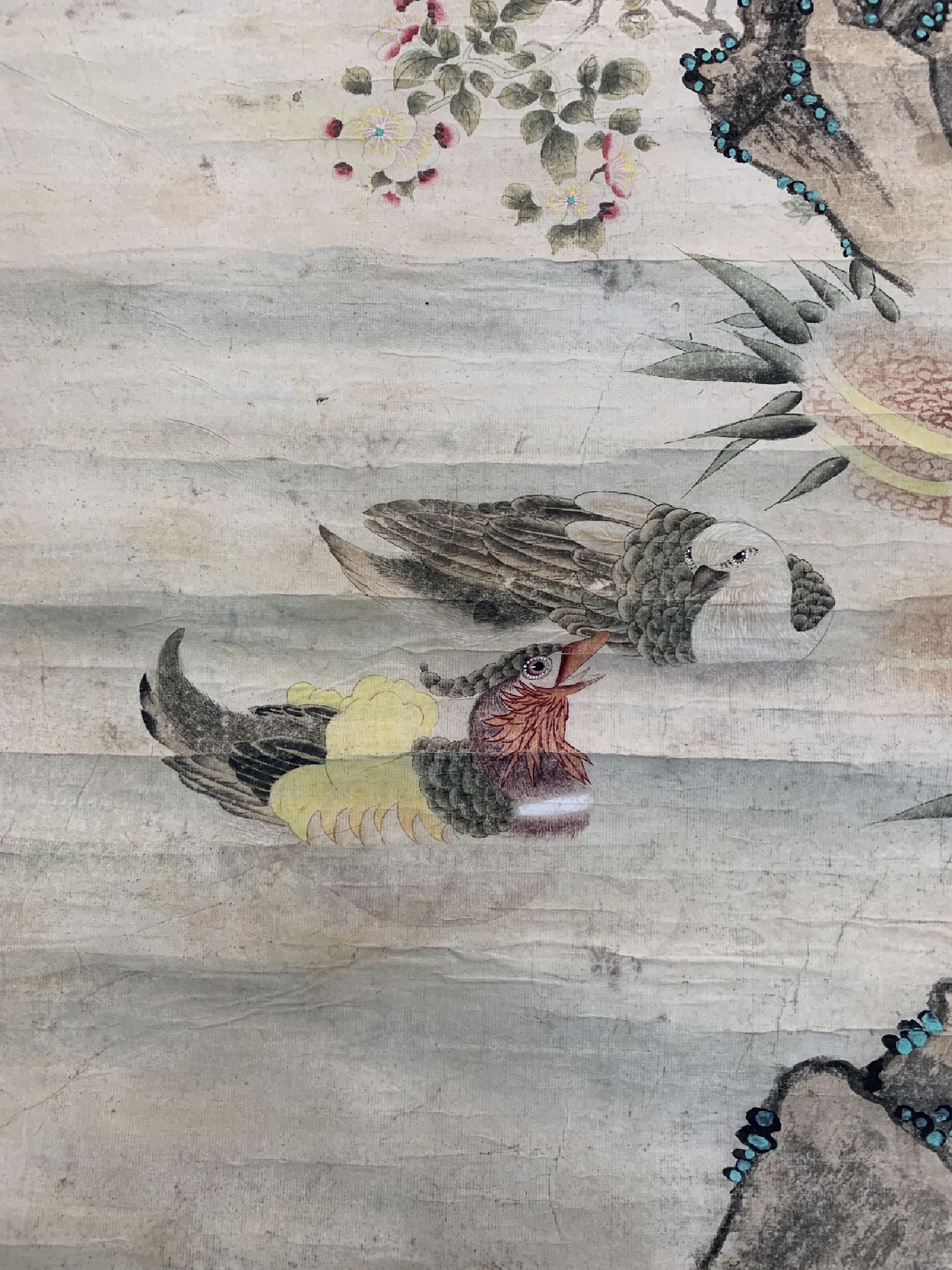 Detail a: Antikes Rollbild, China, 19.Jhd, Papiermalerei, ca. 235 x 116 cm, EHZ: 3, (Wasserflecken).