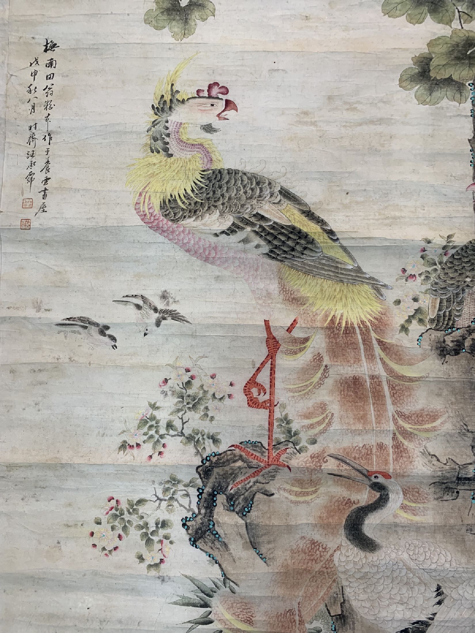 Detail c: Antikes Rollbild, China, 19.Jhd, Papiermalerei, ca. 235 x 116 cm, EHZ: 3, (Wasserflecken).