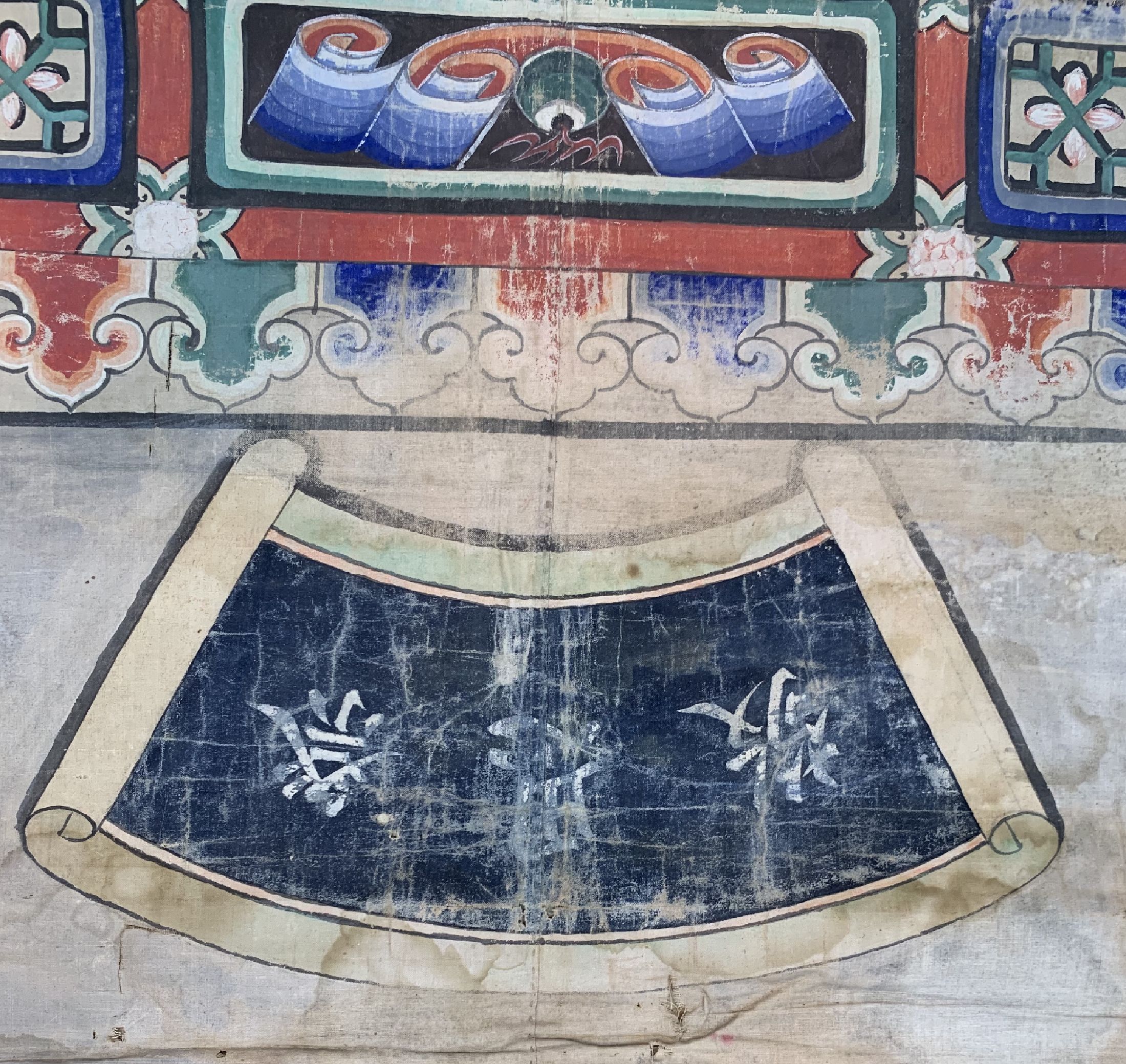 Detail d: Antikes Ahnenbild, China, 19.Jhd, Papiermalerei, ca. 240 x 166 cm, EHZ: 3, (Wasserflecken)