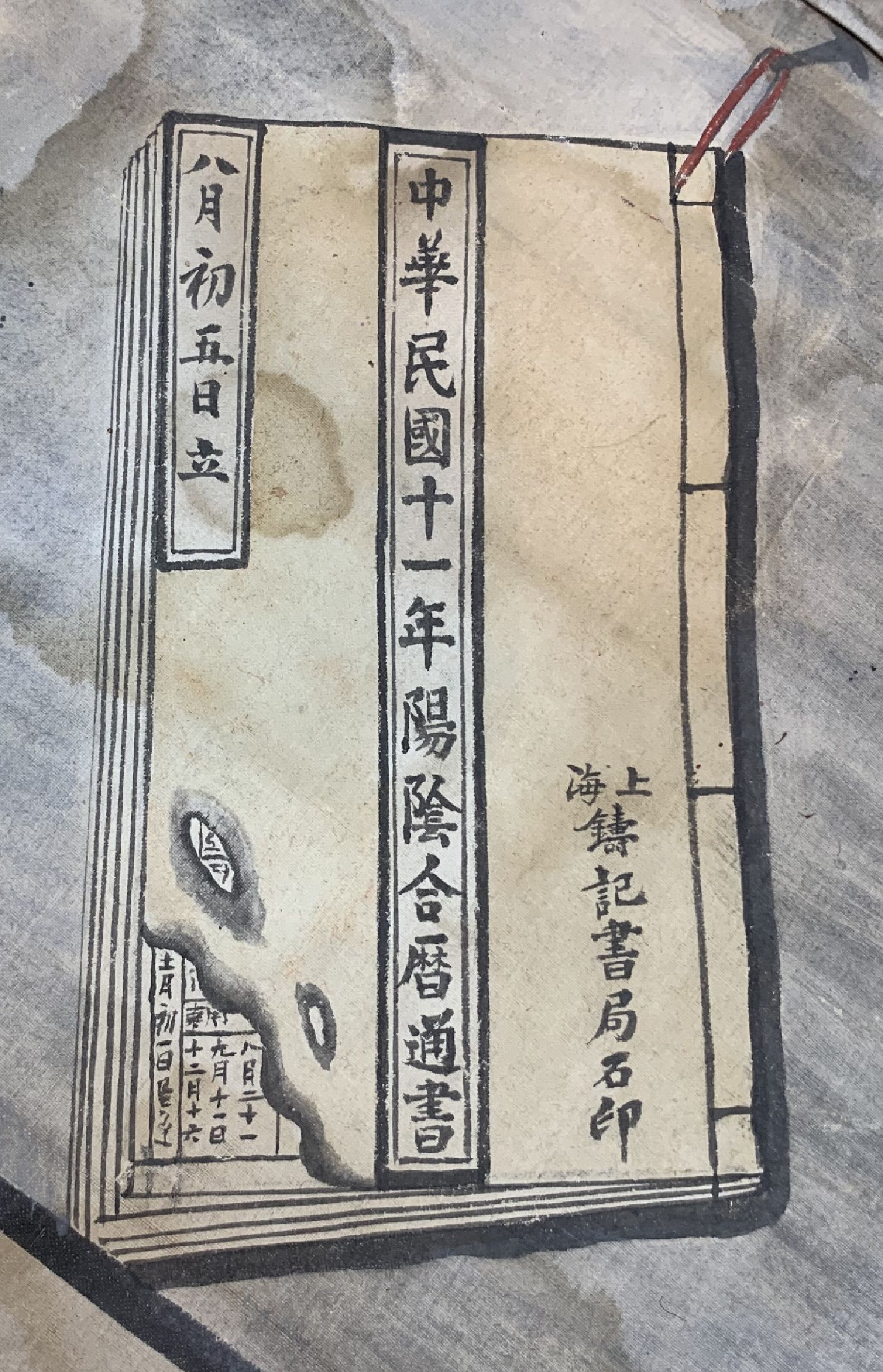Detail f: Antikes Ahnenbild, China, 19.Jhd, Papiermalerei, ca. 240 x 166 cm, EHZ: 3, (Wasserflecken)