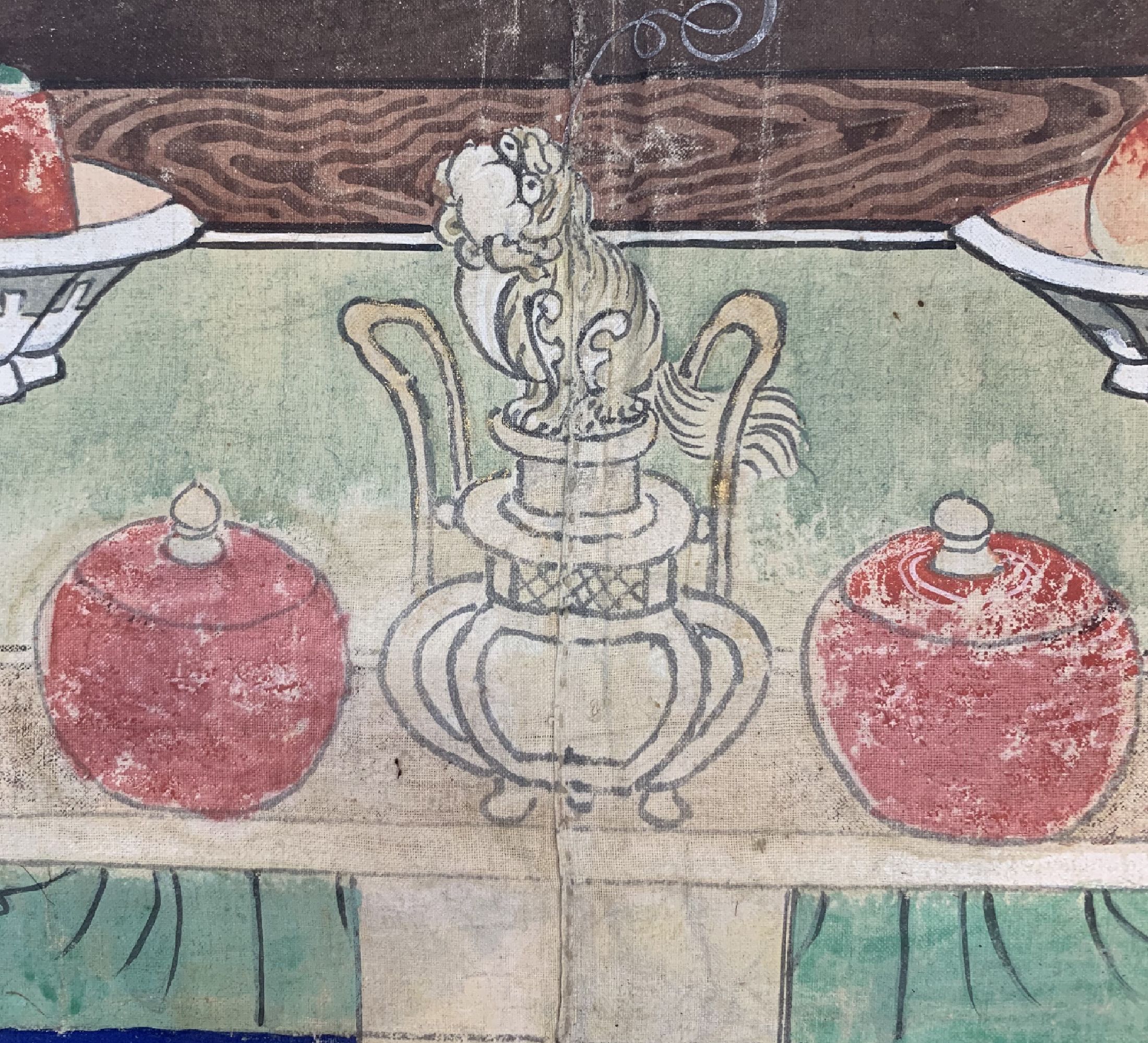 Detail g: Antikes Ahnenbild, China, 19.Jhd, Papiermalerei, ca. 240 x 166 cm, EHZ: 3, (Wasserflecken)