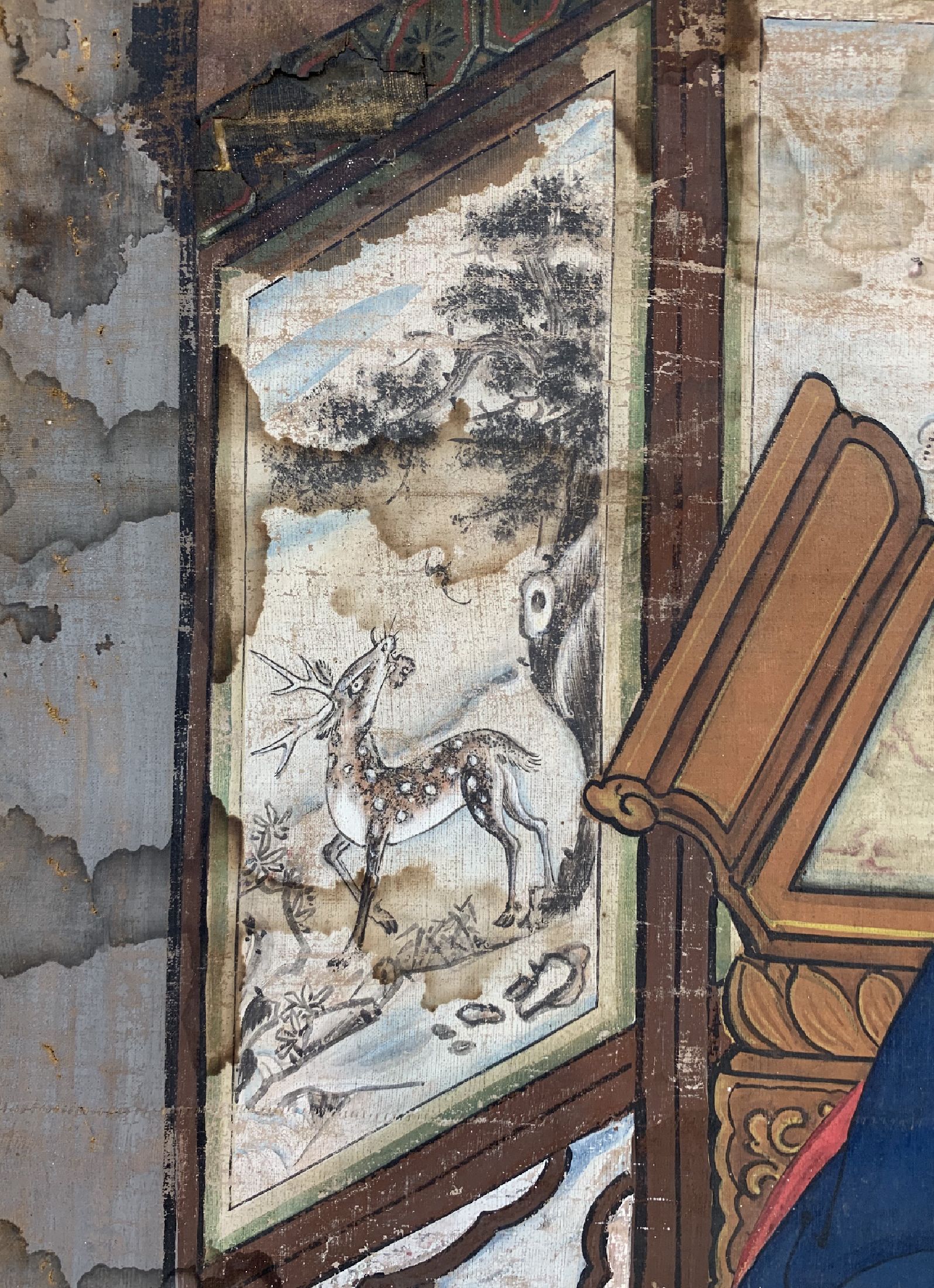 Detail d: Antikes Ahnenbild, China, 19.Jhd, Papiermalerei, ca. 215 x 175 cm, EHZ: 3(Wasserflecken)