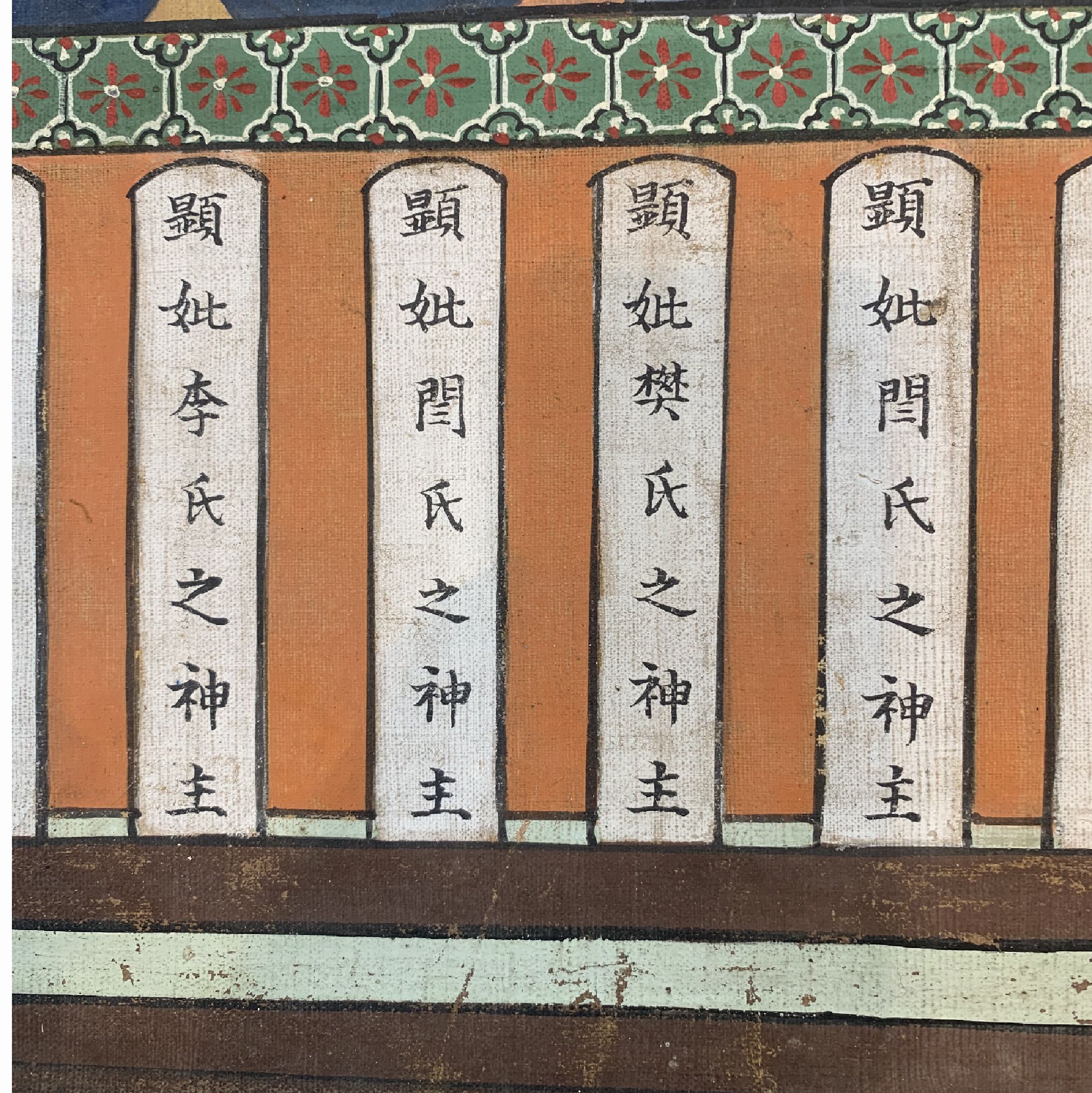 Detail h: Antikes Ahnenbild, China, 19.Jhd, Papiermalerei, ca. 215 x 175 cm, EHZ: 3(Wasserflecken)