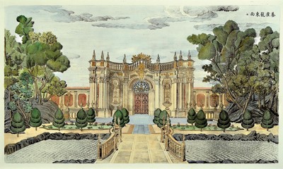 Image 26666746 - After Yi Lantei, Xijang Lou palace gardens in the Old Summer Palace, 20th century, etching on vellum, colored, after the originals from 1781/86, framed under glass 77x116 cm; Garden and palace complex built 1737-1766 for EmperorQuialong of Jesuit Giuseppe Castiglione; 20 etchings documenting the construction based onthe templates of Yi Lantai (student Castigliones) created from 1781, originals today in the Chinese National Library in Beijing