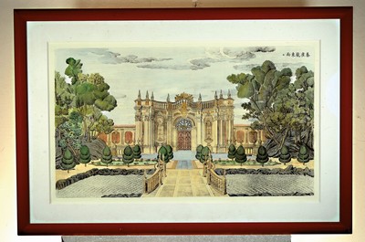 26666746k - After Yi Lantei, Xijang Lou palace gardens in the Old Summer Palace, 20th century, etching on vellum, colored, after the originals from 1781/86, framed under glass 77x116 cm; Garden and palace complex built 1737-1766 for EmperorQuialong of Jesuit Giuseppe Castiglione; 20 etchings documenting the construction based onthe templates of Yi Lantai (student Castigliones) created from 1781, originals today in the Chinese National Library in Beijing